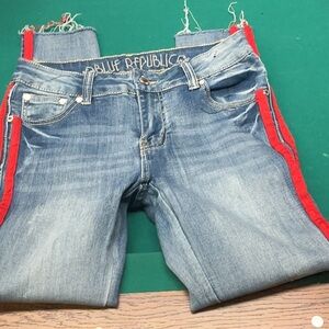 Women's Blue Jeans with Red Accents